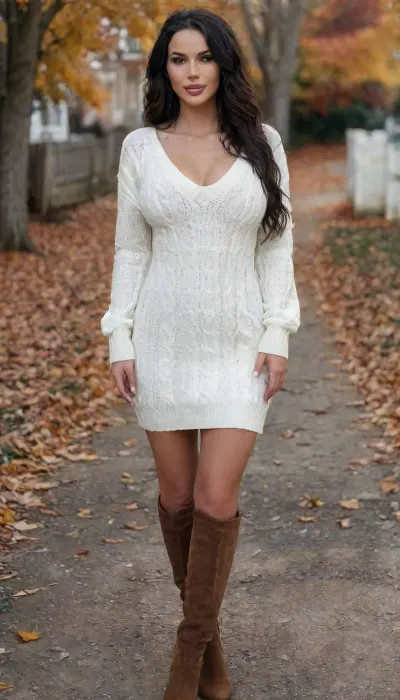 tall, slim, American female touching pussy, jet black hair, (long and wavy), massive breasts, walking, in autumn scene, park, bmbplora, white, knitted, v neck, sweater, dress, tight, brown ankle boots, front view, <lora:chest_adjust:1.9>, <lora:bimboxl_02:1.8>, <lora:BT_Knitted_Sweater_Dress_XL:.3>, <lora:v1:.8>