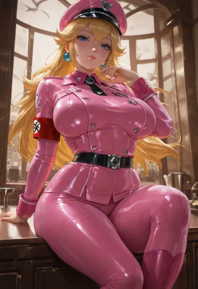 (masterpiece:1.4), best quality, absurdres, extremely detailed, (Princess Peach:1.5), long blonde hair with center triangular bang neat, blue eyes half-lidded, fair skin, soft pink lips slightly parted, elegant princess face, golden crown with red and blue jewels, voluptuous classic pin-up body with massive heavy breasts, soft thick waist, wide hips, thick thighs, (full pink leather Nazi uniform with red armband:1.5), form-fitting pink leather tunic and trousers, high stiff collar with rank tabs, polished pink leather belt and cross-strap, tall pink leather boots, iconic bright red armband with white circle and black swastika on the left upper arm, glossy leather texture that catches the light and clings tightly to the body, (smug dominant expression:1.3), raised eyebrow, half-smile, looking down at viewer, (sitting on counter:1.3), legs dangling slightly apart, one hand resting on her thigh, posture elegant and controlled, (luxury hotel room:1.2), large bed, city view through windows, elegant warm lighting, (art by sakimichan:1.3), (unreal engine 5 render:1.4), detailxl, Movie, Still, Film, Cinematic, Shot, Lighting, <lora:cfg_scale_boost:1.5>, <lora:detailed_notrigger:1.9>, <lora:JuggerCineXL2:.8>