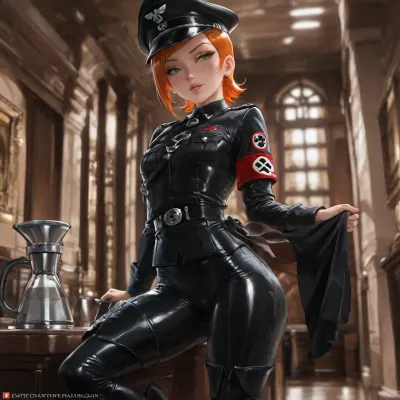 (masterpiece:1.4), best quality, absurdres, extremely detailed, 1girl, solo, (Gwen Tennyson from "Ben 10":1.5), long orange hair loose and sweaty, green eyes half-lidded, freckles, (small petite proportions:1.4), (full black leather Nazi uniform with red armband:1.5), form-fitting black leather tunic and trousers, high stiff collar with rank tabs, polished black leather belt and cross-strap, tall black leather boots, iconic bright red armband with white circle and black swastika on the left upper arm, glossy leather texture that catches the light and clings tightly to the body, (seductive expression:1.3), half-lidded eyes, parted lips, (luxury penthouse:1.2), (art by sakimichan:1.3), (blender cycles render:1.3)