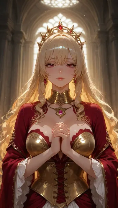 A medium shot of a regal woman with long, wavy blonde hair and a braided crown, wearing an ornate, deep crimson velvet gown. The dress features a plunging neckline, a structured corset bodice with gold filigree embroidery, and long sleeves with flowing cape-like fabric trailing behind. She wears a wide, antique gold metallic collar necklace. She stands with a poised, serene expression, hands gently clasped in front of her.

The setting is a softly blurred outdoor courtyard with neutral-toned stone architecture and muted greenery in the background. The lighting is bright, natural daylight, creating soft highlights on her skin and the texture of the velvet. The color palette is dominated by rich reds and golds against a backdrop of beige and grey. The atmosphere is one of opulent fantasy and nobility, captured in a high-detail cinematic style with a shallow depth of field., crisp vibrant detailed soft painterly digital art, volumetric lighting, natural lighting, realistic lighting, vibrant colors, crisp oil painting, painterly realism, depth of field, subtle soft details, vivid, fresh, striking
