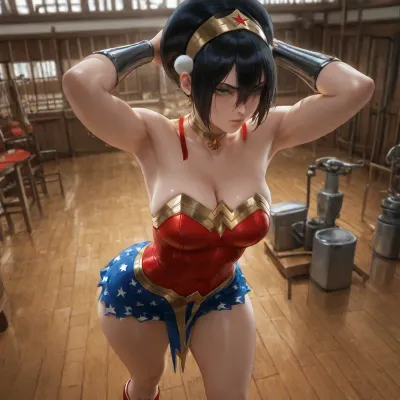 (masterpiece:1.4), best quality, absurdres, extremely detailed, solo, (Toph Beifong from "Avatar, The Last Airbender":1.5), short black hair, pale skin, green eyes, muscular compact build, (Wonder Woman cosplay:1.55), tight red and gold armored bodice with gold eagle emblem, blue skirt with white stars, red boots, gold tiara, (defiant glare:1.3), (archiving back standing:1.3), chest pushed forward, hands behind head, (empty gym:1.2), (art by sakimichan:1.3), (blender cycles render:1.3)