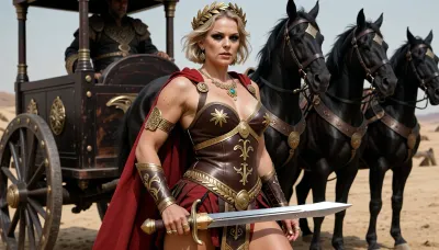 Ancient Roman Queen, curvy woman, strong, muscular and powerful, 39 years old, short messy blonde hair, short wavy hair, heavy dark gothic makeup, beautiful face, wearing detailed fancy brown armor decorated with gold laurels and Raman symbols, red cape, wearing a golden laurel wreath around her head, fancy antique golden jewelry rings, necklaces and several earrings, holding shortsword, standing by a dark oak war chariot, roman style, pulled by 4 large black wild horses, ancient desert fantasy battlefield background, detailed realistic skin texture with imperfections and pores, detailed realistic eyes, detailed realistic hair, detailed realistic gold jewelry, detailed realistic armor, detailed realistic roman gladius short sword, photo realistic, highly detailed, detailed realistic hand and fingers