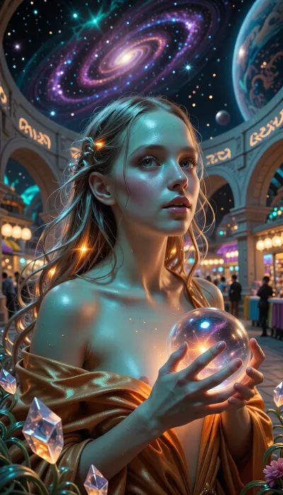 A luminous alien girl from a distant galaxy dominates the frame, her skin shimmering with a soft turquoise iridescence that catches the warm glow of a distant star. She gazes slightly upward, eyes reflecting nebular colors, her expression a mixture of curiosity and joyful wonder, as if she is about to share a secret about the cosmos. Her hair, composed of fine filamentous strands that resemble delicate metallic fibers, flows around her shoulders like a cascade of cadmium orange light, catching the golden hour illumination and creating a subtle rim of color. In her hands she cradles a hovering, translucent orb that refracts the surrounding nebula, casting delicate shadows on the nearby floating flora of bioluminescent vines. The foreground includes a few floating, crystalline shards that catch the light, their surfaces glistening with ochre highlights and adding texture to the scene. Behind her, the midground reveals an alien plaza of smooth, curved stone arches, their surfaces etched with faint luminous runes that pulse gently, suggesting a bustling interstellar market just out of focus. The background stretches into a vast star‑filled sky, swirling nebulae of violet and teal spiraling around a distant planet, providing depth and a sense of limitless space. The lighting is that of a golden hour on an alien world, with warm, amber tones spilling across the scene, casting soft, elongated shadows that accentuate the contours of her face and the folds of her flowing garment. A faint, fine mist of interstellar dust hangs in the air, catching tiny particles of light and creating a subtle veil that adds atmosphere without obscuring detail. The composition follows the rule of thirds, positioning the girl's eyes at the upper right intersection, while leading lines of the archways guide the viewer’s eye toward the luminous orb she holds. The camera perspective is a medium close‑up taken with an 85mm f/1.4 lens, producing a shallow depth of field that renders the background nebulae into creamy bokeh while keeping the subject sharply in focus. The image is rendered in an impressionistic oil painting style, with thick, visible brush strokes in vibrant turquoise, ochre, and cadmium, the texture of the paint adding tactile richness to the scene. The overall mood is energetic and joyful, inviting the viewer to feel the exhilaration of discovery and the boundless optimism of a galaxy far beyond our own.