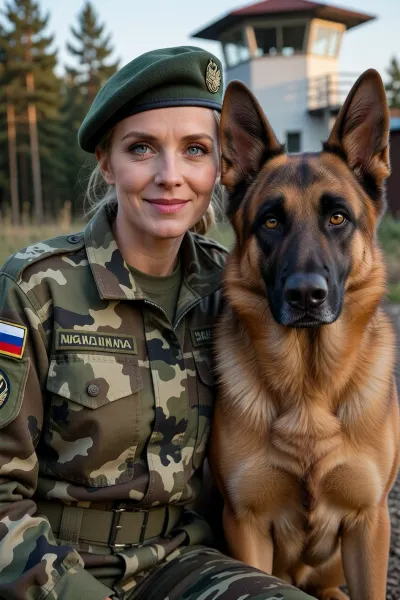 An exceptionally detailed photograph of a beautiful female officer in the Russian Border Guard Service with an extraordinarily expressive, warm, and realistic gaze. She has beautiful, wide-open eyes and an expressive face. She smiles naturally as she poses for an interview titled “Me and My German Shepherd.” Seated next to her is a flawless, anatomically correct purebred German Shepherd, positioned perfectly, symmetrical front paws, a powerful, well-proportioned chest, and realistic muscle definition that meets breed standards. The woman is wearing a modern military camouflage uniform and a green beret. The skin texture is flawless, with sharp focus on the faces of the woman and the German Shepherd, and cinematic, natural “golden hour” lighting. The background is blurred, featuring a pine forest and a watchtower, a realistic, high-resolution photo.