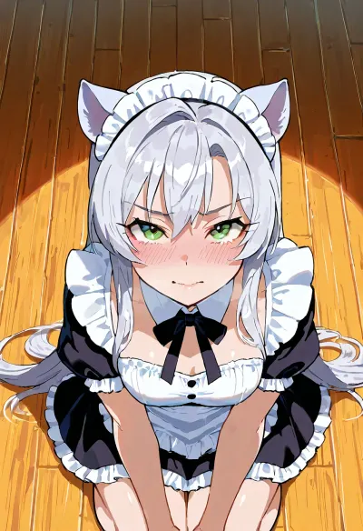 sistine_fibel from akashic_records, This is a digital anime-style drawing of a young woman with long, silver hair and green eyes, wearing a white maid outfit with frills. She is kneeling on a wooden floor, looking up with a blushing expression. The scene is lit warmly, with shadows suggesting a cozy indoor setting.
