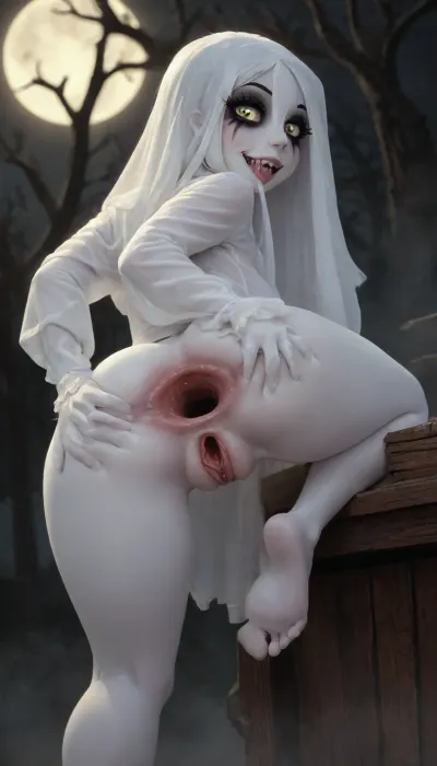 (owler meets innv style), jack cayless meets reiq style, ghost-girl, adorable, cute, ghost, girl, spooky, spirit, creepy, (gaping anus:1.4), (gaping pussy:1.1), <lora:Halloween_Series_Cute_Sad_Ghost:2>, <lora:EnvySpiritXL02-creepy:2>