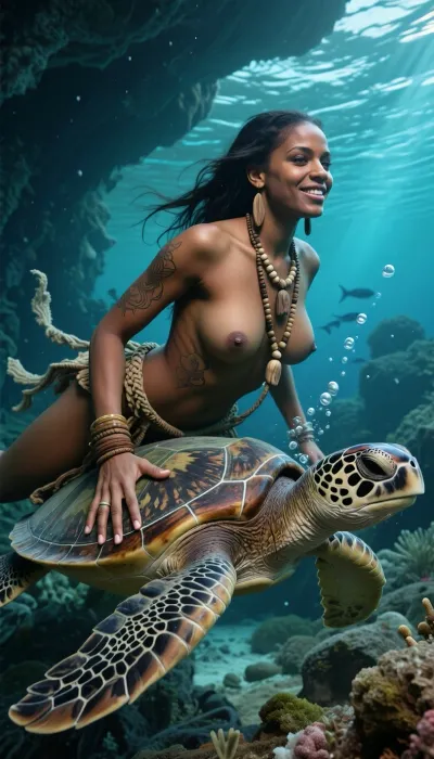 ultra photorealistic cinematic underwater ocean photograph, smiling adult African woman, 28 years old, topless, firm tits, highly detailed ultra long erected nipples, moving in absolute meditative silence through a vast turquoise ocean while being gently pulled forward by a large sea turtle, strict lateral profile, turtle clearly leading and woman trailing directly behind on the same horizontal axis, one arm fully extended forward, fingers firmly curled over the hard lateral rim of the turtle’s carapace well behind the head, detailed happy face, second arm stretched backward close to her body, entire body elongated into one calm streamlined line, long dark hair, carved bone beads, wooden ornaments, necklaces and loose woven fabric elements streaming backward together through the water, serene focused face, open dark brown eyes looking forward, mature sculpted features, handcrafted traditional clothing made from weathered leather, woven plant fibers, beadwork, bone and wood, extraordinary material realism, every wooden bead showing grain, scratches, worn edges and tiny imperfections, aged leather with pores, creases and water darkening, plant fibers visibly softened by water, exceptionally realistic dark sun bronzed skin with visible pores, peach fuzz, tiny scars, faint pigment variation, natural unevenness, subtle goosebumps and a soft aquatic sheen, intricate hand tapped geometric tattoos sitting naturally within the skin, majestic sea turtle rendered with extreme anatomical precision, richly weathered shell, layered scute texture, algae traces, translucent wet highlights, realistic eye, leathery head and powerful flippers, deep three dimensional underwater environment, blurred foreground coral and vegetation creating natural framing, razor sharp woman and turtle in the middle plane, immense reef landscape falling away behind them into multiple depth layers, nearby rocks highly detailed with algae, coral growth, sediment and rough mineral texture, distant formations progressively disappearing into deep teal and almost black aquatic haze, strong natural light absorption with depth, very deep shadows inside reef crevices, brilliant turquoise and cyan highlights near the surface, saturated teal midtones, dark blue green shadows, strong but realistic local micro contrast, luminous caustic patterns moving across skin, shell, jewelry and stone, narrow volumetric sunbeams cutting through suspended particles, tiny bubbles rising, distant fish schools partially disappearing into atmospheric depth, deliberately underexposed by two stops, deep blacks without crushed detail, restrained highlight rolloff, matte realistic surfaces, cinematic dynamic range, 24mm full frame underwater photography, subtle optical falloff, fine analog grain, extremely high micro detail, atmospheric depth, monumental scale, immersive underwater stillness, rich saturation, powerful contrast, photorealistic documentary quality