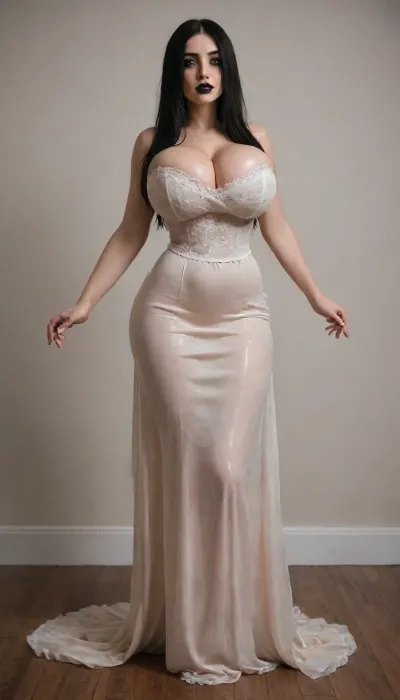 sadako, glowing eyes, goth bimbo, pale skin, Black hair, hyper massive gigantic spherical breasts, absolutely spherical boobs, ultra waist, curvy, sexy, black lipstick, black mascara, smoky eyeshadow, slutty, oiled skin, long waist, wide hips, (waist:1.3), ridiculously waist, frilly lace, strapless dress, dress, detailed face, realistic, ultra hd, bimbo lips, big bimbo lips high cheekbones, hyper realism style picture, realistic skin and texture, full body view