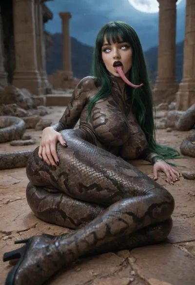 solo woman, front view, full body, evil woman, very skinny, covered massive breasts, green hair, straight hair, (bangs:1.1), long hair, snake eyes, (white eyes:1.7), no pupils, no iris, demonic eyes, (demonic), wearing makeup, (thick eyeliner), black lipstick, long fingernails, black fingernails, mouth open, (sticking out tongue), (long tongue:1.1), dark snakeskin, (snakeskin bodysuit:1.4), snakeskin boots, ((laying flat)), (laying on side:1.4), legs crossed, (night time:1.5), sandstone walls, ruins, desert