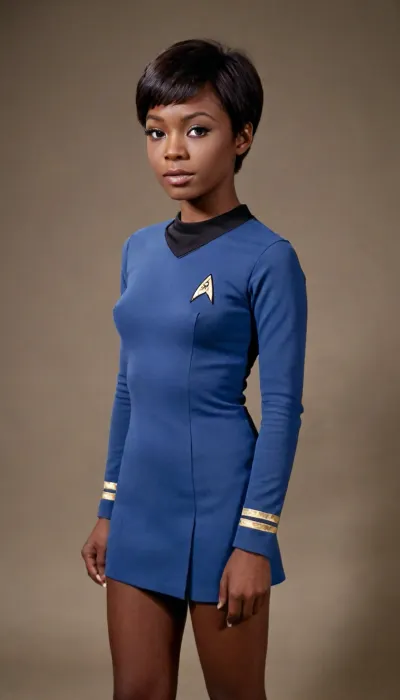 Super Sexy, African, melanin, pixie cut cosplay as Star Trek uniform. flat breasts, startrektos, dress, <lora:TOSXL-000040:.8>, tiny petite girl. Petite, boy chest., <lora:ahxl_v1:.8>, flat, chested, <lora:flat_chested_v3.5:.8>, Blue uniform. no tits