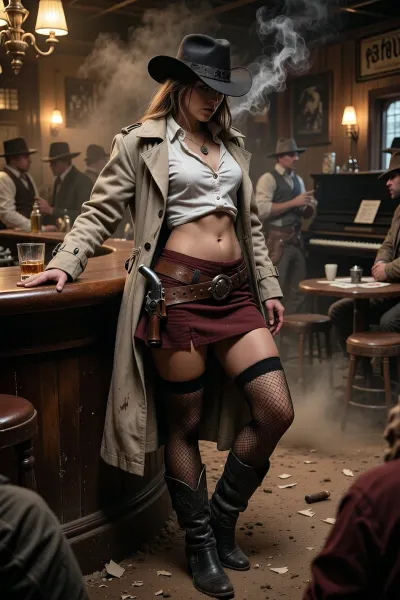 Monochrome, Wild West 1790, backside view of a super sexy athletic and flat-chested gunslinger stands drunk in a saloon, lifts up her dark red miniskirt, she wears, (a long beige dirty used coat:1.3), underneath a white cotton rough men's shirt with buttons, (a dark red miniskirt:1.4), (black fishnet stockings:1.4), cowboy boots, (a cartridge belt with a pistol holder around her waist:1.4), her dusty black hat is pulled low over her face, perfect face, perfect hands, dangerous aura, leaning tipsy against the polished wooden bar of a smoky frontier saloon, (whiskey glass in one hand:1.3), warm golden lamplight, card tables and piano in the background, cowboys and gamblers glancing her way. Sawdust on the floor, haze of cigar smoke in the air, filled with dust and smoke, emphasizing a cinematic, dystopian cowboy atmosphere, art Style & Technique is a dirty old style, Ultra-realistic digital painting with cinematic depth of field. Highly detailed texturing on leather, skin, and hair, dramatic contrast lighting and warm dusty tones, a sharp foreground focus and a slightly blurred background to create depth, masterpiece, best quality, ultra-detailed, cinematic lighting, wild west, smoking weed, cannabis, Ultra-realistic Western art, highly detailed, cinematic moody lighting, tense but charismatic atmosphere., crowd, of, people, FRESHIDEAS, Real, Photography, 2#, Black, and, white, art, black, shading, charcoal, toned, brutal, dark, b/w, color, scheme, Object, gd, erection, sex, toy, penis, large
