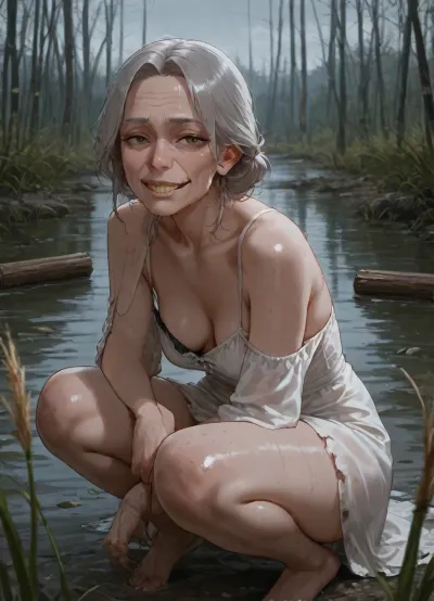 masterpiece, best quality, absurdres, newest, highres, very aesthetic, 1girl, solo, mature female, adult, elderly woman, old woman, wrinkled skin, yellow teeth, clear eyes, grey hair, thin body, small breasts, squatting, ragged dress, bare feet, dirty hands, wooden vat, black water, swamp, black pond, reeds, overcast, looking at viewer, sharp eyes, neutral, not smiling, cowboy shot, detailed face, cinematic lighting