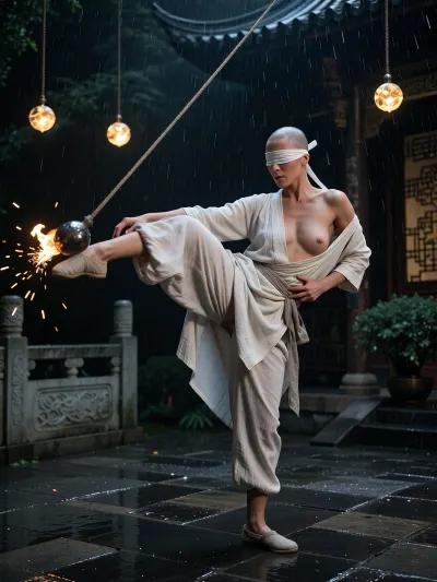 Professional photography, striking photorealism, ultra-detailed cinematic realism, a thirty-two years old Chinese woman belonging to a secluded fictional female martial monastic order, completely shaved head, performing blindfolded martial arts training at night on a rain-darkened stone terrace, layered linen robes with wide sleeves, loose trousers, simple cloth shoes, white blindfold. Her build is athletic, powerful, and unmistakably feminine, narrow waist, defined hips, elegant shoulders, natural breast silhouette. The rotation of her kick has shifted the upper robe slightly open, exposing collarbones and a modest but clear glimpse of cleavage, sensuality arising naturally from movement rather than posing. Her expression is focused and commanding, suggesting leadership and experience. Fire spheres hanging from cords above, the kicked sphere already swinging hard left, taut diagonal cord, long flame trail behind it, sparks bursting back through cold rain. Deep blacks, strong local contrast, eighty five millimeter lens, subtle analog grain. Her face and body remain sharp, sphere motion blurred. A powerful feminine presence inside raw survival discipline.