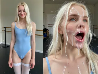 (side-by-side, two full body shot pictures, of the same 6 foot 2 inch tall and 35kg extreme skinny anorexic Norwegian 27yo adult ballet dancer with small tits, long skinny legs, narrow hips, thigh gap, long slim legs, with long whiteblonde hair and tall narrow nose and narrow long face, moles:1.2), BREAK, in the left picture she looks shy and laughing happy, dressed in light blue ballet body suit and white tights, (right picture her face and forehead and hair is completely covered in excessive amounts of realistic semi-transparent cum, an excessive amount of cum is on her face and in her mouth and in her hair, cum is dripping down on her nude chest, cum dripping from nose and chin, cum in hair, cum in eyes), her eyes are open wide, but filled with sticky cum, her hair is messy, (her facial expression in the right picture is extremely horny, moaning in delight, cum is gushing from her mouth:1.2), ((The woman is the same extreme skinny tall pretty adult woman on both pictures, same pose:1.3)), Background for both pictures is ballet practice hall, extremely naturalistic an realistic