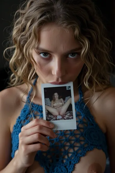 A close-up, high-quality of a young woman with curly blonde hair, looking directly into the camera with an intense and slightly melancholic expression. Her light-colored eyes are fixed on the viewer. She is holding a small, square nude autoportrait instant polaroid photograph, (shows her lying on a patterned bedspread, hands positioned on her pubic area), between her lips. The lighting is moody and dramatic, with a focus on her face, creating a soft glow around her features while the background fades into deep shadow. She wears a burnt blue crocheted halter mesh top, (mesh top:1.9), (top grid:1.9), (transparent top:3), (open-knit texture:1.9), (((crocheted see through top:1.9))), (Her breasts in a top:1.5), (woman wears inesh top:2), (her the tits is covered by a wear:2), (breasts half covered:1.9), (tits covered:2), The style is reminiscent of stylized digital character art, capturing a cinematic and intimate moment with realistic textures on skin and hair, amateur aesthetic, high detail, sharp focus, atmospheric lighting.