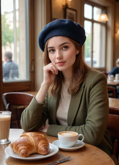 Stunning restaurant in Paris, a girl in a beret sitting at a table drinking coffee with croissants, cozy atmosphere, warm light, mid-morning ambiance, European cafe vibes, digital painting, pastel colors, traditional French setting