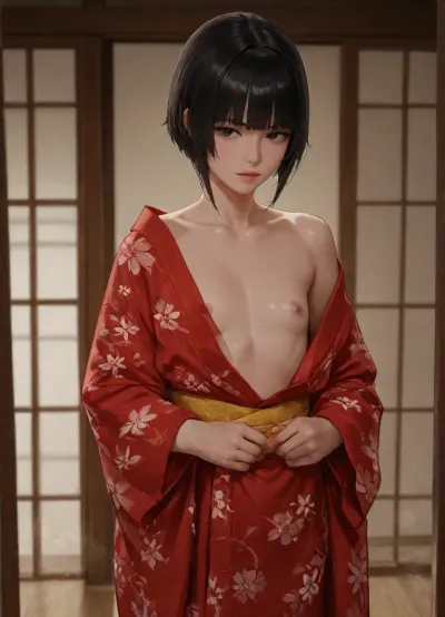realistic style, young Japanese woman posing for an artist, Edo Japan, inside studio, standing half-turned, petite, (black hair), (hime haircut), (small chest), (taking off kimono:1.3), (red kimono), (fair skin), (dust motes in the air), from distance, turned