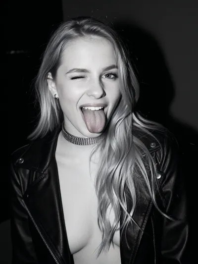 raw photo, A high-contrast black-and-white portrait captures a young woman in her twenties framed in a medium close-up shot from an eye-level perspective. She faces directly toward the camera with an animated, playful expression, winking one eye while sticking her tongue straight out. Her long, blonde hair is styled with soft waves and parted slightly off-center, flowing down over her shoulders. She has a slender build with a moderate chest visible beneath her attire. She wears an open black leather jacket over a low-cut dark top. A thick, metallic choker necklace sits at the base of her neck, accompanied by small hoop earrings visible near her jawline. The direct frontal flash creates sharp highlights on her face, collarbone, and the sheen of her leather jacket, casting deep shadows in the background. The background remains dark and largely uncluttered, drawing full focus to the subject. The monochromatic tonal range emphasizes bright highlights against rich, dark tones, giving the image a grainy, classic analog aesthetic reminiscent of candid flash photography.