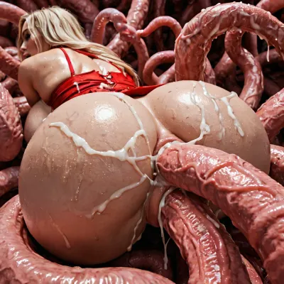 Tentacles fucking, (rear view), (close-up view:1.5), voluptuous female, young, blonde, wearing torn red dress, (huge breasts), huge ass, double vaginal penetration, anal, dp, pleasure, flesh room, pink tentacles, huge cocks, (huge veiny tentacles), tentacles grabbing her breasts, tentacles coiled, flesh walls, sweating, glistening, shooting cum, bukkake, huge cum, cum everywhere