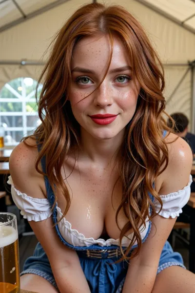 Beer tent interior scene, close-up, beautiful woman, beauty, cute, slim, deep green eyes, red lipstick, (long redhead hair, extremely long hair, wavy hair, tousled hair across face:1), (slight smile:1), freckles, realistic, detailed skin texture, moist skin, (blue and white Bavarian dirndl with short skirt:1.2), sleeves, detailed skin, pale skin