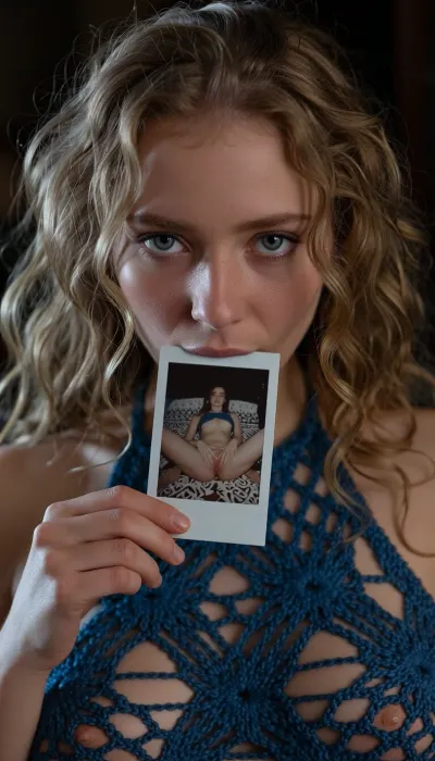 A close-up, high-quality of a young woman with curly blonde hair, looking directly into the camera with an intense and slightly melancholic expression. Her light-colored eyes are fixed on the viewer. She is holding a small, square nude autoportrait instant polaroid photograph, (shows her lying on a patterned bedspread, hands positioned on her pubic area), between her lips. The lighting is moody and dramatic, with a focus on her face, creating a soft glow around her features while the background fades into deep shadow. She wears a burnt blue crocheted halter mesh top, (mesh top:1.9), (top grid:1.9), (transparent top:3), (open-knit texture:1.9), (((crocheted see through top:1.9))), (Her breasts in a top:1.5), (woman wears inesh top:2), (her the tits is covered by a wear:2), (breasts half covered:1.9), (tits covered:2), The style is reminiscent of stylized digital character art, capturing a cinematic and intimate moment with realistic textures on skin and hair, amateur aesthetic, high detail, sharp focus, atmospheric lighting.