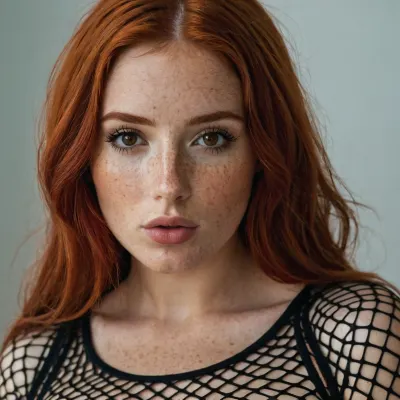 Cute red haired girl with a lot of freckles. She has dark brown eyes. Big full lips. Large tits. Wearing a fishnet top.