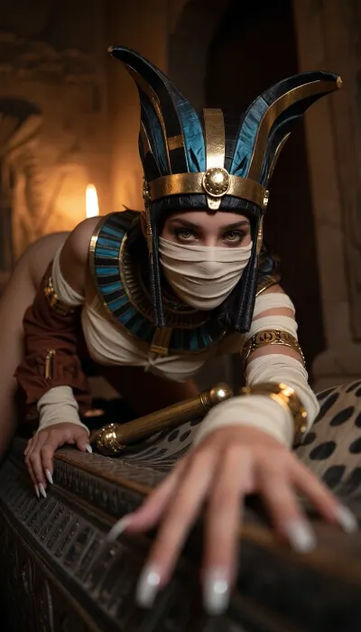 This dynamic low-angle view, front-shot photograph features a candid, analog quality photography. The central subject is a young adult petite of Egyptian heritage, shallow depth of field, forground out of focus and blurry, strong foreground distortion, approximately 50mm lens at f/1.4–f/2, focus on the eyes and tombs walls dissolve into defocus bokeh blur. The photograph is shot with a wide aperture, resulting in a shallow depth of field and a bokeh effect in the background.The scene is in chiaroscuro lighting, creating deep shadows and luminous shimmery highlights, The lighting is moody and dramatic, featuring a primary source of a warm torch light streaming from a distant source, casting a soft highlight across her torso and face while leaving the rest of her body and set swathed in deep shadows.Hyperrealistic, solo, The glowing eye provide a small, bright focal accent.The composition is centered, with the girl framed by a an ancient detailed Egyptian open Sarcophagus in a big tomb, heavy out of focus, creating intense depth.She is captured in a dynamic, animalistic and creeping move in a open Sarcophagus, body coiled and twisted, hips raised, back arched, legs bent like a panther about to spring on viewer. The head is bowed forward and facing the viewer.she has shimmery long white stiletto nail tips.An arm reaches out toward the viewer. Her body and face are tightly wrapped in aged cream-colored bandages with dark sepia lines and folds, narrow glowing yellow eyes peer through the facial wrappings. She wears an oversized detailed dark teal and bronze Egyptian Tutanchamun headdress with horizontal gold bands and small circular ornaments, plus a rust-red waist wrap.She is holding a long richly decorated golden-wooden staff.
A dim, shadowy interior with a warm brown background and a softly textured, aged-stone or earthen appearance. soft ambient brown light and gentle gradients give the scene a cinematic, moody quality. The oversized headdress dominates the upper portion while the exaggerated foreground perspective makes the lower torso appear especially prominent. The figure should feel like a dangerous presence inhabiting the space rather than posing for the camera, masterful and breathtaking picture. creating a atmospheric aesthetic, intimate vertical composition, creating a serene, 8k resolution, photorealistic
