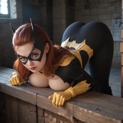 Raw Photo, 8k uhd, sharp focus, (Batgirl / Barbara Gordon from DC Comics:1.6), long red hair, black and yellow bat-suit, (busty proportions:1.4), (bent over:1.5), ass up, looking back, (in dungeon:1.4), dramatic lighting