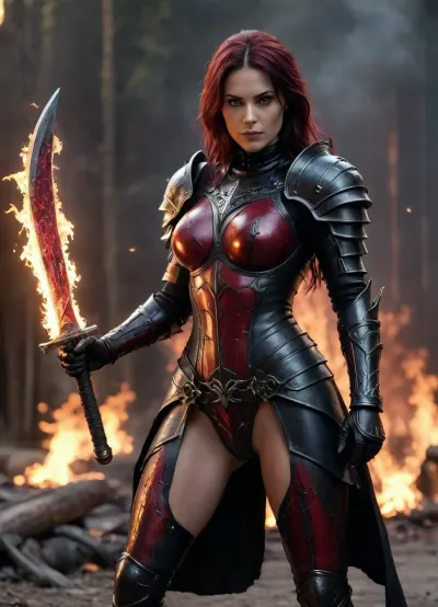 beautiful sexy slender 40 year old flame woman, dressed in shiny red flaming and black armour, holding vikig axe, riding black horse, snorting fire, coverd in armour, all aflame, good hands, perfect fingers, (vagina), (shaved pussy), hkstyle, <lora:hkstyleV5:.8>