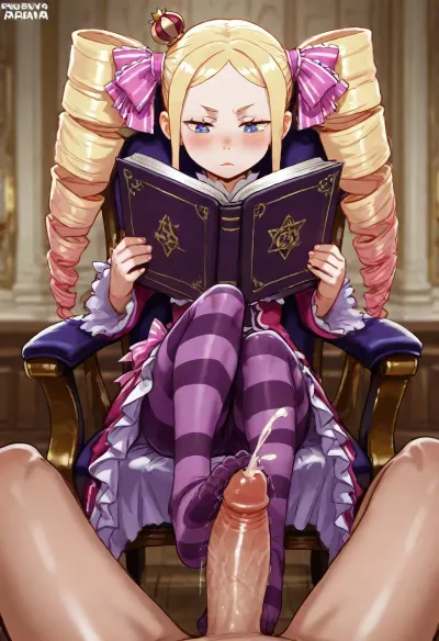 (Andava:1.6), (Beatrice from re-zero, (petite)), chair, pov, footjob, cum, distracted, reading book