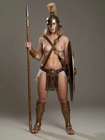 the woman is a hoplite warrior, short blonde hair, messy wavy hair, small natural breasts, sagging breasts, torn bronze, realistic pussy, very chubby figure, one breast is exposed by cross-chest bronze breastplate, (messy detailed hair), 1girl, bronze helmet, ancient spartan, ancient warrior, (bronze armor), ancient greek helmet, bronze spear, ((bronze-plate thigh-high sandal-straps)), wearing linothorax bronze greaves, thigh-high sandals, spear, hoplite, female, weapon, shield, helmet, shoulder, armor, loincloth