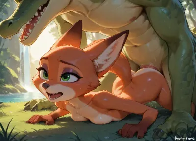 furry, hard sex, female Nick Wilde, Zootopia style, slim body, green eyes, horny face, open mouth, small breasts, lying on stomach, legs spread, knees bent, Anthropomorphic male crocodile, huge male, size difference, detailed fur, forest, waterfall, on grass, sunrise, expression bright and curious, close up, <lora:Animated_Concept:1>