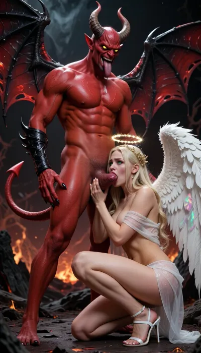 High resolution image of a gigantic male demon, red skin, glowing bright yellow reptile eyes, realistic animal horns, large translucent red and black bat like wings, pointed ears, sadistic evil grin, long sharp fangs, long black nails, devilish red pointed tail, extremely long elongated sharp pointed tongue, enormous dick, standing over an enchanting sexy angel holding her halo with one hand as she sucks his enormous fat dick, silky blonde hair, huge captivating glowing emerald green eyes, and bright pink lips, wearing delicate, skimpy sheer translucent white draped cloth, huge iridescent white feathered wings, gold shining halo, white nails, white toe nails, white open toe high heels, kneeling, squatting, sobbing, shamed, embarrassed, drooling, determined, set in a hellish landscape