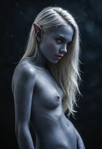 a young naked drow elf girl with silver hair, (dark night blue skin:1.82), . side view, (ultra realistic), (maximum quality), (high resolution), (extreme detail), (ultra realism), UHD, super high quality, <lora:Dark_Elf_Warrior:2>, <lora:Drow:2>, <lora:LCMTurboMix_Euler_A_fix:2>