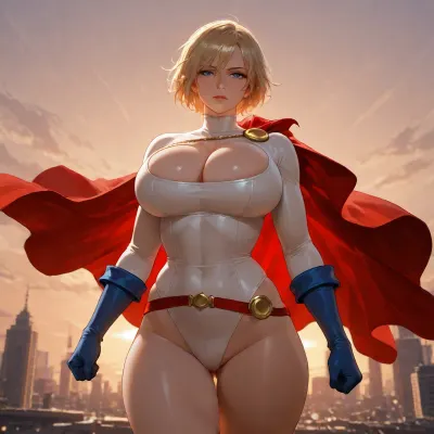 (Power Girl:1.6), short blonde hair, white costume with breast window, red cape, (busty proportions:1.4), solo, standing on a Metropolis rooftop at dusk with city lights, powerful pose, looking at viewer, golden hour