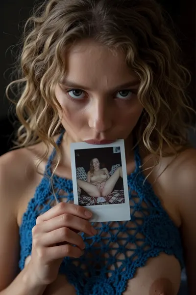 A close-up, high-quality of a young woman with curly blonde hair, looking directly into the camera with an intense and slightly melancholic expression. Her light-colored eyes are fixed on the viewer. She is holding a small, square nude autoportrait instant polaroid photograph, (shows her lying on a patterned bedspread, hands positioned on her pubic area), between her lips. The lighting is moody and dramatic, with a focus on her face, creating a soft glow around her features while the background fades into deep shadow. She wears a burnt blue crocheted halter mesh top, (mesh top:1.9), (top grid:1.9), (transparent top:3), (open-knit texture:1.9), (((crocheted see through top:1.9))), (Her breasts in a top:1.5), (woman wears inesh top:2), (her the tits is covered by a wear:2), (breasts half covered:1.9), (tits covered:2), The style is reminiscent of stylized digital character art, capturing a cinematic and intimate moment with realistic textures on skin and hair, amateur aesthetic, high detail, sharp focus, atmospheric lighting.
