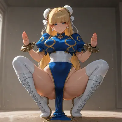 solo, 8k uhd, high quality, (Pacifica Northwest from Gravity Falls:1.6), long beach blonde hair with bell-shaped bangs, dark blue eyes, (busty proportions:1.4), wearing, (Chun-Li outfit:1.5), blue qipao dress with gold trim, white spats, blue combat boots, traditional fighting game style, (yoga pose:1.5), looking at viewer, clean natural lighting, lora, CinematicStyle_v1, 1.1>, <lora:add-detail-xl:.8>