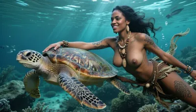 ultra photorealistic cinematic underwater ocean photograph, smiling adult African woman, 28 years old, topless, firm tits, highly detailed ultra long erected nipples, moving in absolute meditative silence through a vast turquoise ocean while being gently pulled forward by a large sea turtle, strict lateral profile, turtle clearly leading and woman trailing directly behind on the same horizontal axis, one arm fully extended forward, fingers firmly curled over the hard lateral rim of the turtle’s carapace well behind the head, detailed happy face, second arm stretched backward close to her body, entire body elongated into one calm streamlined line, long dark hair, carved bone beads, wooden ornaments, necklaces and loose woven fabric elements streaming backward together through the water, serene focused face, open dark brown eyes looking forward, mature sculpted features, handcrafted traditional clothing made from weathered leather, woven plant fibers, beadwork, bone and wood, extraordinary material realism, every wooden bead showing grain, scratches, worn edges and tiny imperfections, aged leather with pores, creases and water darkening, plant fibers visibly softened by water, exceptionally realistic dark sun bronzed skin with visible pores, peach fuzz, tiny scars, faint pigment variation, natural unevenness, subtle goosebumps and a soft aquatic sheen, intricate hand tapped geometric tattoos sitting naturally within the skin, majestic sea turtle rendered with extreme anatomical precision, richly weathered shell, layered scute texture, algae traces, translucent wet highlights, realistic eye, leathery head and powerful flippers, deep three dimensional underwater environment, blurred foreground coral and vegetation creating natural framing, razor sharp woman and turtle in the middle plane, immense reef landscape falling away behind them into multiple depth layers, nearby rocks highly detailed with algae, coral growth, sediment and rough mineral texture, distant formations progressively disappearing into deep teal and almost black aquatic haze, strong natural light absorption with depth, very deep shadows inside reef crevices, brilliant turquoise and cyan highlights near the surface, saturated teal midtones, dark blue green shadows, strong but realistic local micro contrast, luminous caustic patterns moving across skin, shell, jewelry and stone, narrow volumetric sunbeams cutting through suspended particles, tiny bubbles rising, distant fish schools partially disappearing into atmospheric depth, deliberately underexposed by two stops, deep blacks without crushed detail, restrained highlight rolloff, matte realistic surfaces, cinematic dynamic range, 24mm full frame underwater photography, subtle optical falloff, fine analog grain, extremely high micro detail, atmospheric depth, monumental scale, immersive underwater stillness, rich saturation, powerful contrast, photorealistic documentary quality