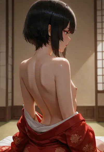 realistic style, young Japanese woman posing for an artist, solo, 1girl, Edo Japan, inside studio, kneeling, back towards us, half-turned, shoulder blades, pink nipple, not looking, looking away, petite, (black hair), (hime haircut), (small chest), (taking off kimono:1.3), (off shoulder), (red kimono), (fair skin), (motes in the air), from distance, side turned, (red eyeliner)