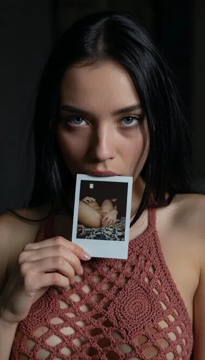 A close-up, high-quality of a young woman with straight long black hair, looking directly into the camera with an intense and slightly melancholic expression. Her light-colored eyes are fixed on the viewer. She is holding a small, square nude autoportrait instant polaroid photograph, (shows her lying on a patterned bedspread, hands positioned on her pubic area), between her lips. The lighting is moody and dramatic, with a focus on her face, creating a soft glow around her features while the background fades into deep shadow. She wears a burnt rose crocheted halter mesh top, (mesh top:1.9), (top grid:1.9), (transparent top:3), (open-knit texture:1.9), (((crocheted see through top:1.9))), (Her breasts in a top:1.5), (woman wears inesh top:2), (her the tits is covered by a wear:2), (breasts half covered:1.9), (tits covered:2), The style is reminiscent of stylized digital character art, capturing a cinematic and intimate moment with realistic textures on skin and hair, amateur aesthetic, high detail, sharp focus, atmospheric lighting.