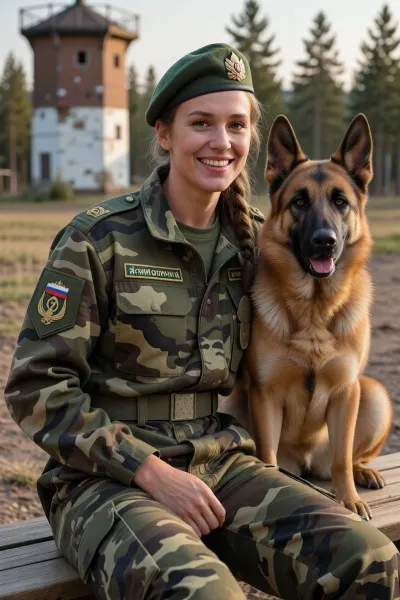 An exceptionally detailed photograph of a beautiful female officer in the Russian Border Guard Service with an extraordinarily expressive, warm, and realistic gaze. She has beautiful, wide-open eyes and an expressive face. She smiles naturally as she poses for an interview titled “Me and My German Shepherd.” Seated next to her is a flawless, anatomically correct purebred German Shepherd, positioned perfectly, symmetrical front paws, a powerful, well-proportioned chest, and realistic muscle definition that meets breed standards. The woman is wearing a modern military camouflage uniform and a green beret. The skin texture is flawless, with sharp focus on the faces of the woman and the German Shepherd, and cinematic, natural “golden hour” lighting. The background is blurred, featuring a pine forest and a watchtower, a realistic, high-resolution photo.