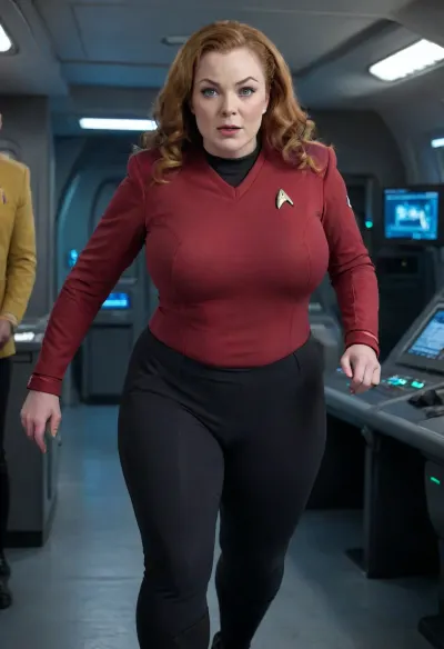 1 very large BBW woman 40yo, very massive large breasts, gigantics boobs, blue eyes, long curly ginger hair, Star Trek red SNW uniform, inside the Enterprise, running towards the camera, stsnwunf, uniform, visible cameltoe, dark grey pants, plump, skindentation, chubby, bbw, venus, body, big, breasts, ass, cameltoe, <lora:SNWXLV2:1.2>, <lora:Chubby BBW - XL:1.5>, <lora:cameltoe XL:1.2>, <lora:milkers_v2:2>