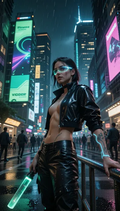 The frame is shot from a low angle, emphasizing the towering neon‑lit cityscape behind a lone cyber‑punk heroine. She stands on a rain‑slick asphalt street, her posture upright yet relaxed, one hand gripping a translucent holo‑blade that hums with acid‑green light while the other rests on a sleek, lacquered metal railing. Her eyes, augmented with iridescent cybernetic lenses, stare defiantly into the distance, a faint scar tracing the curve of her cheek, and her expression mixes fierce confidence with a hint of melancholy, as if she contemplates the next dangerous run. The front of the scene captures droplets of water clinging to the edge of her matte black latex jacket, the material reflecting the surrounding neon in subtle ripples, while a thin strand of neon‑blue circuitry tattoos glows along her forearm. In the middle ground, towering holographic billboards flash dynamic advertisements in acid‑green and dark‑blue, casting kaleidoscopic reflections onto the wet pavement and hinting at a bustling market where shadowy figures move in slow motion. Behind her, a horizon of futuristic megastructures pierces the night sky, their polished steel surfaces catching the occasional flicker of distant lightning, establishing depth and a sense of endless urban sprawl. Neon light from the signs provides a hard, cool‑toned rim lighting that outlines the heroine’s silhouette, creating sharp contrasts and deep shadows that cling to the textured leather and chrome of her outfit, while subtle ambient glow softens the edges of distant traffic. The atmosphere is thick with fine rain mist and drifting particles of light, each illuminated speck catching the neon glare and adding a dreamy, almost cinematic haze to the scene. Composition follows the rule of thirds, with the heroine positioned in the left third, the leading lines of the wet street tiles converging toward a vanishing point behind her, guiding the viewer’s eye through the bustling cyber‑city. The camera perspective uses a wide‑angle lens, approximately 24mm f/1.4, delivering a shallow depth of field that blurs the bustling crowd in the background while keeping the heroine in crisp focus, and a faint digital grain adds texture reminiscent of early‑2000s digital cinema. The overall mood is energetic, capturing the tension of a high‑speed chase frozen in time, inviting the audience to feel the pulse of a neon‑driven future., [low-angle], [neon], [cool], [energetic], [photo], [futuristic], [cyberpunk], [digital-2000s], [tracking], [digital], [wide]