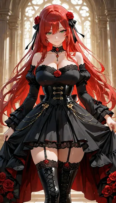 A stunning anime girl with long flowing crimson-red hair cascading behind her, a large red rose and black ribbon in her hair, bright green eyes, and a confident slight smile. She wears a white off-shoulder blouse, highly detailed face, intricate facial featureslarge detailed green eyes with catchlights and defined eyelashes, delicate nose and lips, subtle blush, refined facial structure, sharp focus on the face, beautiful detailed skin, with puffy ruffled sleeves and red ribbon bows, a black laced underbust corset decorated with red roses and dangling gold chains, a black high-low gothic skirt with a vivid red underside, black garter straps, sheer black thigh-high stockings, and black lace-up boots. A black choker is around her neck.walking head held high., <lora:victorian_dress-XL-2.0:2>, <lora:add-detail-xl:1.2>, <lora:attractive_notrigger:1.2>, <lora:detailed_notrigger:1.2>, <lora:LCMTurboMix_Euler_A_fix:1.2>