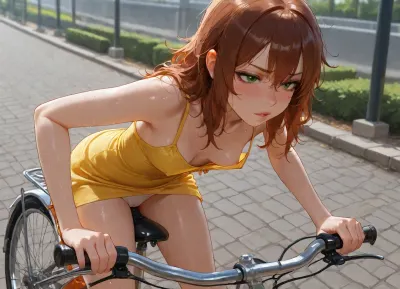 realistic style, young woman on a bicycle, park, riding a bicycle, cobblestone road, petite, (brown hair), (long messy hair), (small boobs), (fair skin), freckles, (detailed green eyes), (wearing yellow sundress), (black eyeliner), (wet spot on white panties), pussy rubbing on the seat, hands on handlebars, hunched forward, panting, looking down, red face, cheeks red, intense arousal, erect nipples