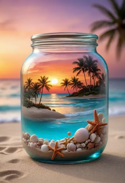 A cylindrical glass jar filled with a miniature tropical beach landscape, (glistening turquoise water:1.2), at the top rim with, (subtle water droplets:1.1), cascading down, the scene inside the jar depicts a serene sunset over the ocean, silhouettes of palm trees along a sandy beach, (vibrant warm sunset colors:1.3), transitioning to deep oranges and soft purples, the bottom of the jar is layered with, (intricate seashells and starfish:1.4), nestled in fine beach sand, hyper-realistic glass texture, sharp focus, (cinematic lighting:1.2), macro photography style, blurred palm tree leaves in the background, bokeh effect, 8k resolution, ethereal atmosphere, highly detailed textures, vibrant colors, magical coastal aesthetic