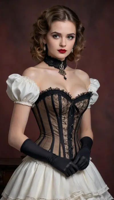 A vintage-style full-body portrait of a woman dressed in an elaborate Victorian-era inspired costume, exuding elegance and charm with a touch of theatrical flair. The outfit features a structured white corset with black beaded detailing along the neckline, creating a sophisticated and glamorous contrast. The corset accentuates her figure, while the black lace gloves add a delicate yet bold element to her look.

The skirt is a layered design with black and white striped fabric and black tulle overlays, featuring intricate polka-dot patterns and ruffled accents that add volume and movement. The combination of textures creates a rich, visually dynamic ensemble. A black choker with a small pendant adorns her neck, perfectly complementing the gothic aesthetic of the outfit.

Her hair is styled in voluminous, curly waves, framing her face with a timeless and dramatic effect. The hairstyle includes a black feather accessory that enhances the theatrical, period-piece look. Her makeup is classic, with a focus on bold red lips and subtly defined eyes, adding to the overall vintage charm.

The background is a muted, warm-toned brown with a painterly texture, resembling a traditional studio backdrop from the late 19th century. The lighting is soft and diffused, creating a warm glow that highlights her features and the intricate details of her outfit, while casting gentle shadows that add depth to the image.

The composition is centered, with the subject standing in a poised and confident manner, one hand resting on her hip and the other delicately holding a part of her skirt. The overall mood is timeless and elegant, evoking a sense of historical drama and classic beauty.