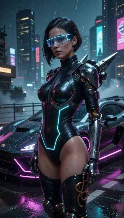 A masterclass cinematic cyberpunk illustration. The central subject is a strikingly beautiful 22-year-old cyberpunk woman with sharply defined features and an asymmetrical dark bob glistening with rainwater. She wears a high-tech ultrathin cybernetic visor, an ultra-sleek, borderless obsidian glass band wrapped tightly across her eyes, emitting a sharp horizontal line of electric cyan laser-light and dense, glowing holographic data-streams flickering across its reflective surface.

She stands in a confident pose next to a sleek, low-slung futuristic cyberpunk sports car parked on a rain-slicked, neon-bathed elevated street overlooking a vast nocturnal megacity. Her outfit features a high-end, richly detailed tactical bodysuit crafted from matte black leather, reinforced carbon-fiber plating, illuminated glowing trim lines along her waist, and high-tech armored thigh-high boots.

Her cybernetic augmentations include refined chrome conduits, visible fiber-optic cables, integrated micro-hydraulic joints, and advanced mechanical cybernetic arms featuring polished titanium plating, copper wiring, and glowing micro-sensors. Mounted on her upper back is a compact high-tech jetpack unit with sleek titanium stabilizer fins.

The futuristic car beside her features razor-sharp aerodynamic lines, a dark matte obsidian body, glowing neon underglow strips in deep magenta, exposed glowing engine components, and rain-streaked metallic surfaces reflecting the surroundings. The setting is a rain-soaked cyberpunk metropolis at night, with colossal skyscrapers, floating holographic advertisements, and dense fog stretching to the horizon. The scene is bathed in dramatic, high-contrast volumetric lighting blending deep magenta, teal, and electric cyan. Cinematic depth of field, razor-sharp focus on the character and vehicle, soft-bokeh background, Unreal Engine 5 render aesthetic, global illumination, 8k resolution.