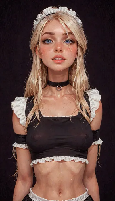 (reiq meets innv and Jack cayless art style), (Incase style:1.2), beautiful girl, blonde hair, very long hair, friendly slight smile showing her teeth, (face closeup), (((solo))), (black choker), (narrow waist), (sexy abs), (ruined makeup:.6), bangs over eye, symmetrical blue eyes, snub nose, plumb lips, parted lips, teeth visible, half-closed eyes, small breasts, (erect nipples), 1girl, ((face focus)), beads of sweat, sweat body, beautiful curves of the body, realistic detailed, deep insertion, intim light, (maid outfit), (black crop top:1.4), (simple dark background:1.8), skin texture, futuristic-fantasy-anime, incase, style, (ciri), (cirilla), <lora:sd_xl_turbo_lora_v1-64dim:2>, <lora:futureistic_fantasy_anime_sdxl_v1:2>, <lora:Incase_Style__SDXL:2>, <lora:SDXL_BetterFaces-LoRA_v1:.8>, <lora:Witcher3TurnXL_v1:.8>