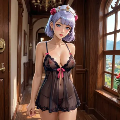 noelle from genshin impact dross style reiq, (high resolution), Noelle from Genshin Impact, mid 30s, fair skin, slender, narrow face, freckles, tattoos, large breasts, erect nipples, transparent black lace babydoll, cleavage, no bra, slightly bending forward, view down her shirt, <lora:add-detail-xl:1.2>, <lora:attractive_notrigger:1.2>, <lora:detailed_notrigger:1.2>, <lora:LCMTurboMix_Euler_A_fix:1.2>